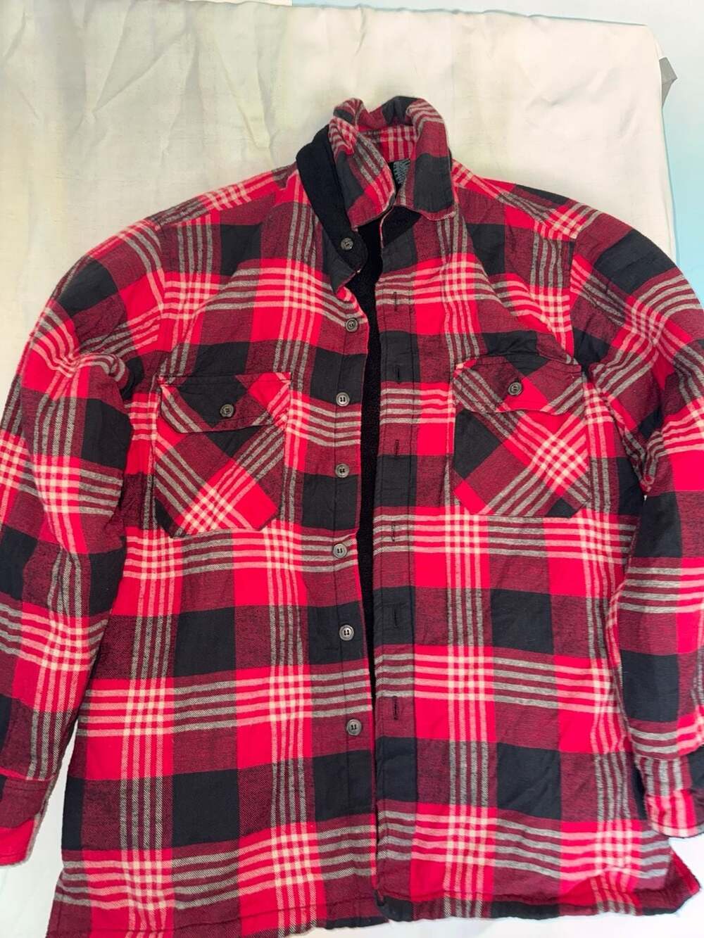 Ozark Trail Red Black Plaid Flannel Fleece Sherpa Lined Button Up Shirt Jacket